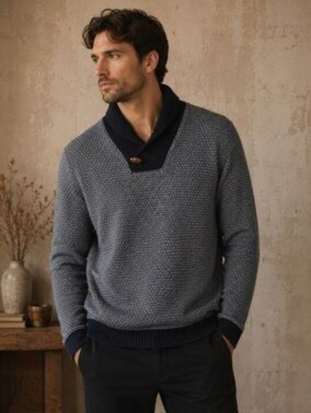 ZARA Man Rib Knit Collared Pullover Sweater Blk/silver Grey  EUC  Sz L